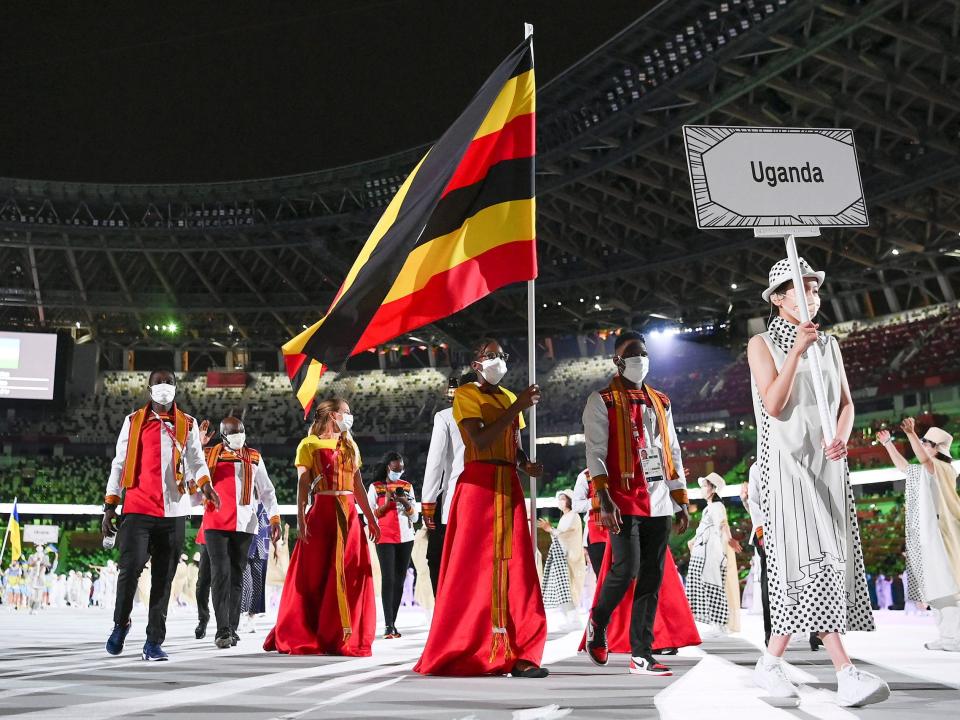 Athletes from Uganda make their entrance at the Summer Olympics.