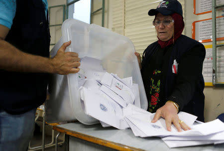 A Lebanese election official empties a ballot box after the polling station closed during Lebanon's parliamentary election, in Beirut, Lebanon, May 6, 2018. REUTERS/Mohamed Azakir