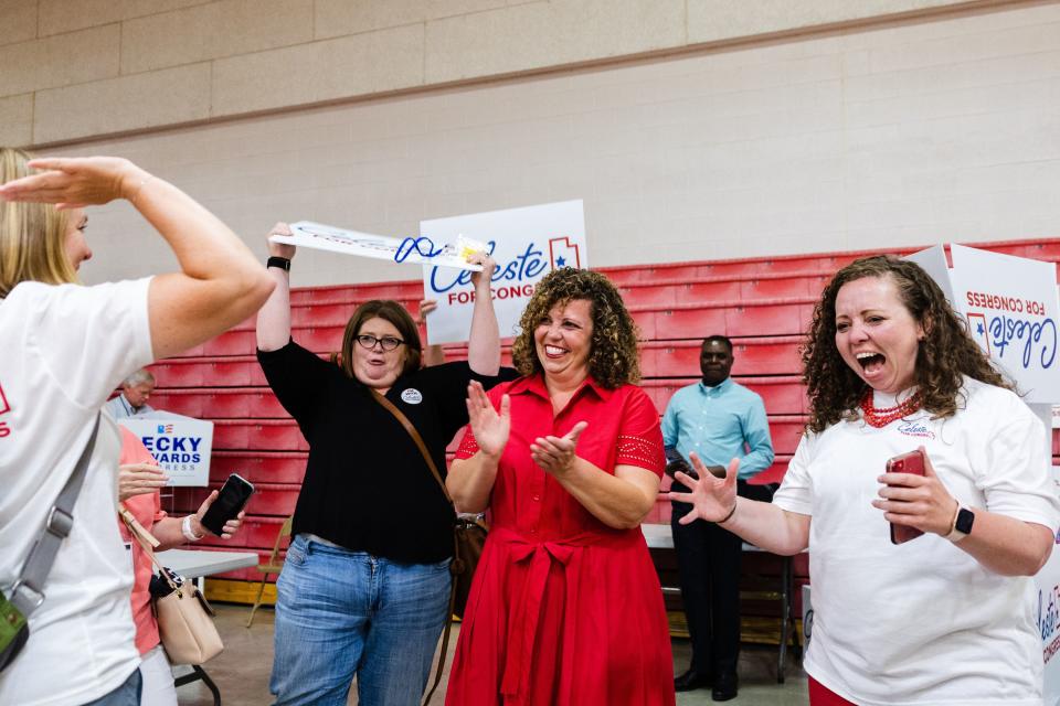 Utah Congressional 2nd District candidate Celeste Maloy celebrates as her sister, Lucia Maloy, right, cheers after Celeste secured the nomination during the Utah Republican Party’s special election at Delta High School in Delta on June 24, 2023. | Ryan Sun, Deseret News