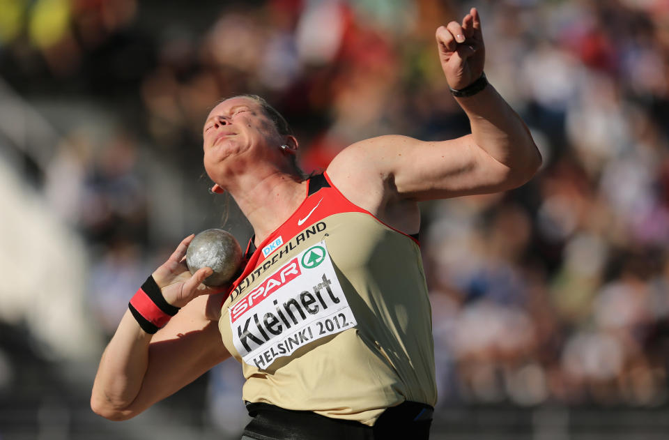 HELSINKI, FINLAND - JUNE 29: Nadine Kleinert of Germany competes on her way to victory in the Women's Shot Put Final during day three of the 21st European Athletics Championships at the Olympic Stadium on June 29, 2012 in Helsinki, Finland. (Photo by Ian Walton/Getty Images)