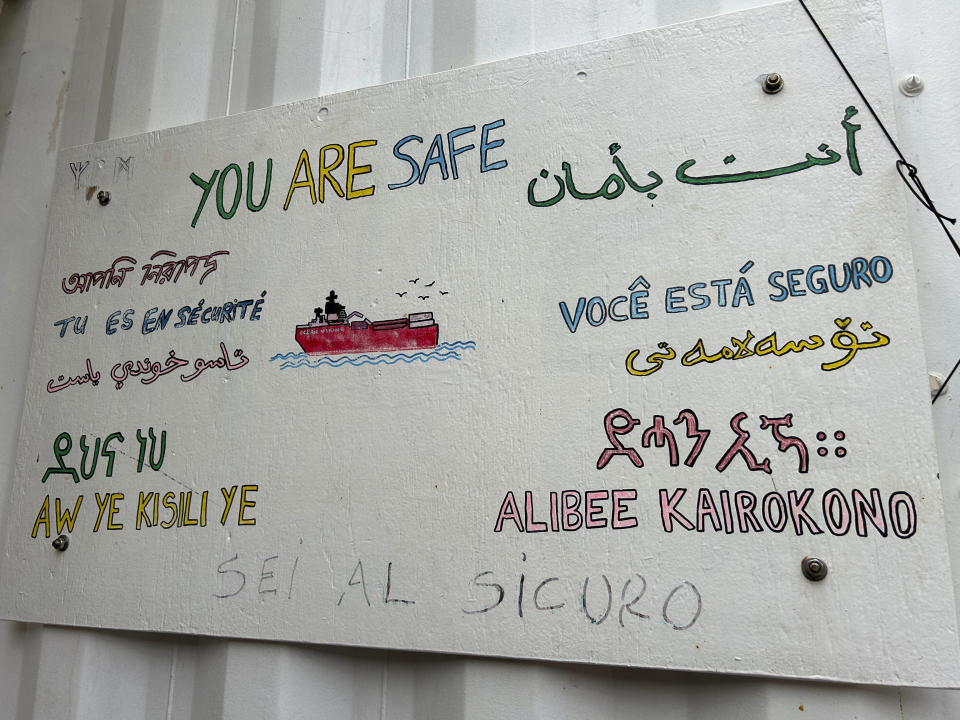 A handmade note is seen on board the Sos Mediterranee-run charity rescue ship, Ocean Viking, moored in Bari, southern Italy, on Jan. 8, 2024. The ship was detained by the Italian authorities with the accusation of not having followed the orders of the Italian coast guard. The year has gotten off to a slow start for the rescue ship that typically plies the Mediterranean Sea looking for migrants and refugees in distress. (AP Photo/Paolo Santalucia)