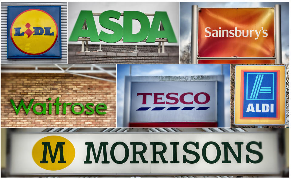 Price wars: The logos of the UK’s leading supermarkets (Left to right from top row) Lidl, Asda, Sainsbury’s (Middle row left to right) Waitrose, Tesco and Aldi and bottom row Morrisons, are displayed outside various branches on November 18, 2015 in Bristol, England. Photo: Matt Cardy/Getty Images