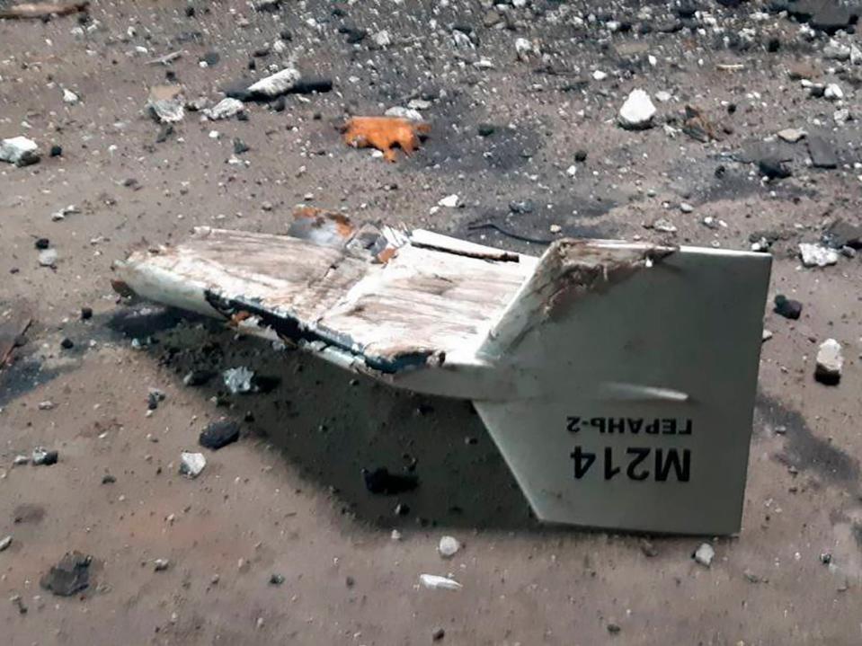 This undated photograph released by the Ukrainian military's Strategic Communications Directorate shows the wreckage of what Kyiv has described as an Iranian Shahed drone downed near Kupiansk, Ukraine.