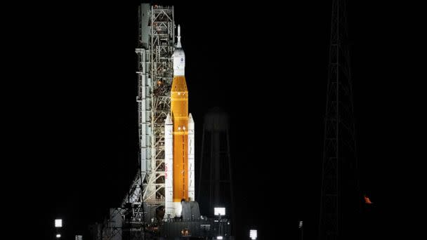 PHOTO: The Artemis rocket with the Orion spacecraft aboard is seen atop the mobile launcher at Launch Pad 39B, at the Kennedy Space Center in Cape Canaveral, Fla., Aug. 29, 2022. (Joel Kowsky/NASA/AFP via Getty Images)