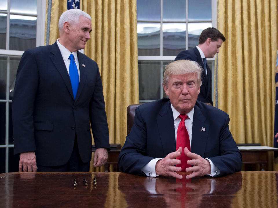 Trump sits in the Oval Office for the first time prior to signing approvals for Gens Mattis and Kelly: Jim Watson/AFP/Getty