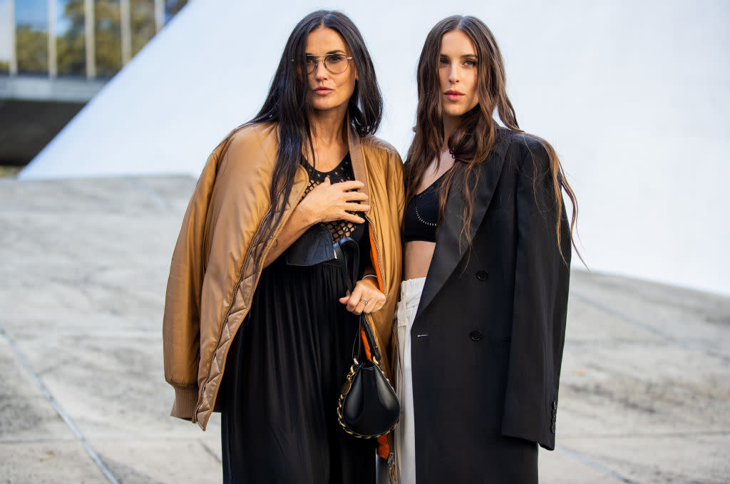 Twins? Demi Moore and her daughter outside Stella McCartney during Paris Fashion Week. (Getty Images)