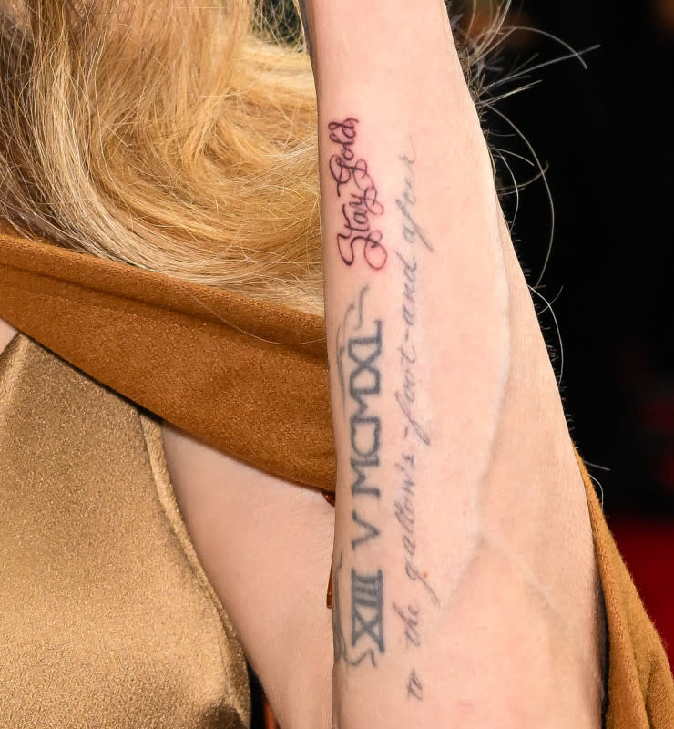 NEW YORK, NEW YORK - APRIL 11: Angelina Jolie, tattoo detail, attends the opening night of "The Outsiders" at The Bernard B. Jacobs Theatre on April 11, 2024 in New York City. (Photo by James Devaney/GC Images)<p>James Devaney/Getty Images</p>