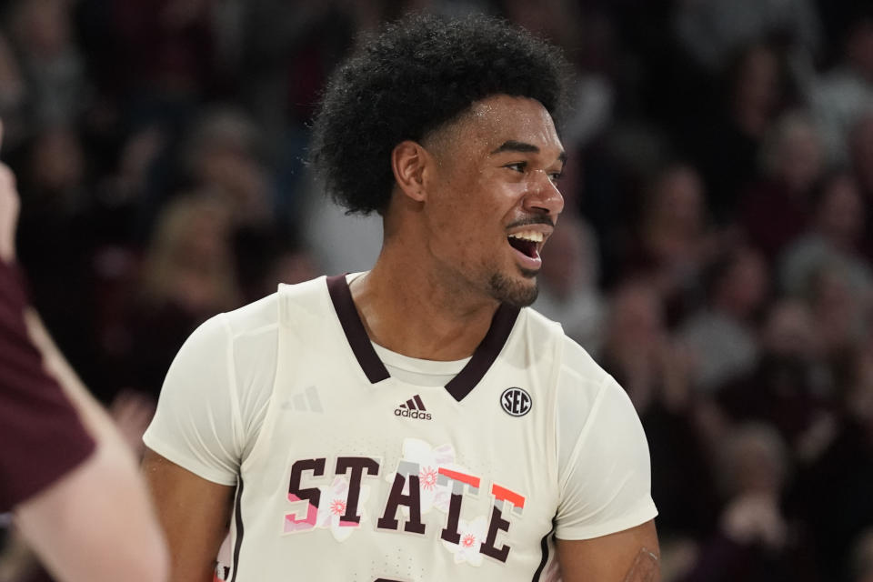 FILE - Mississippi State forward Tolu Smith (1) celebrates a 69-62 win over Texas A&M during an NCAA college basketball game in Starkville, Miss., Saturday, Feb. 25, 2023. Smith was selected to the AP All-SEC first team in balloting released Tuesday, March 12, 2024. (AP Photo/Rogelio V. Solis, FIle)