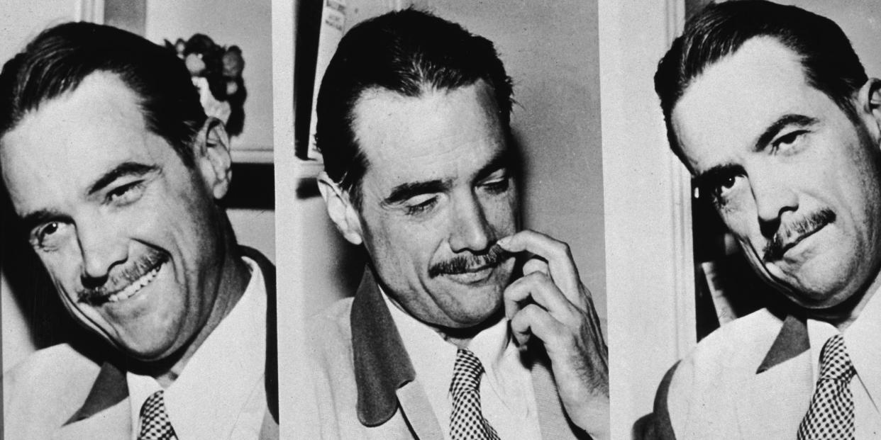 Three views of American industrialist, aviator, and film producer Howard Hughes as he speaks with journalists