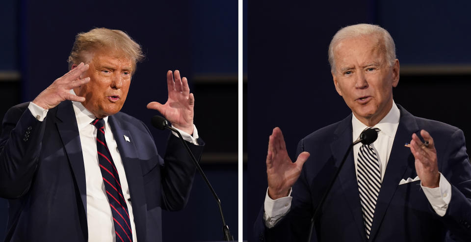 FILE - This combination of Sept. 29, 2020, file photos show President Donald Trump, left, and former Vice President Joe Biden during the first presidential debate at Case Western University and Cleveland Clinic, in Cleveland, Ohio. The Commission on Presidential Debates says the second Trump-Biden debate will be ‘virtual’ amid concerns about the president's COVID-19. (AP Photo/Patrick Semansky, File)