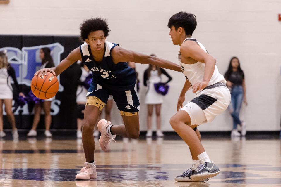 New Hope Academy's Hassan Dorman (3) at the McDonald's Classic Basketball Tournament against Franklin Thursday, Dec. 2, 2021, at Franklin High School in El Paso, TX.