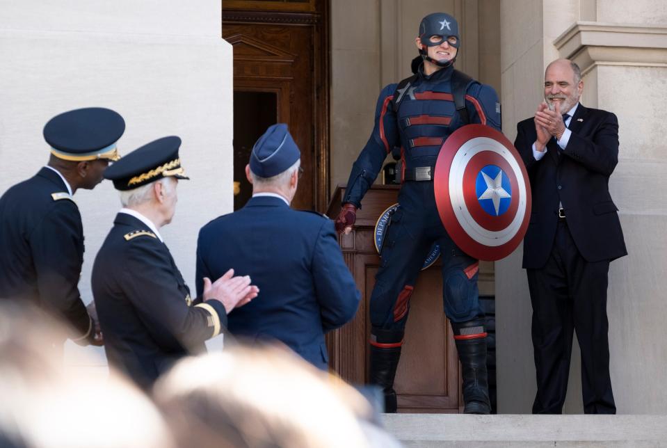 John Walker (Wyatt Russell) is introduced as the new Captain America in "The Falcon and the Winter Soldier."