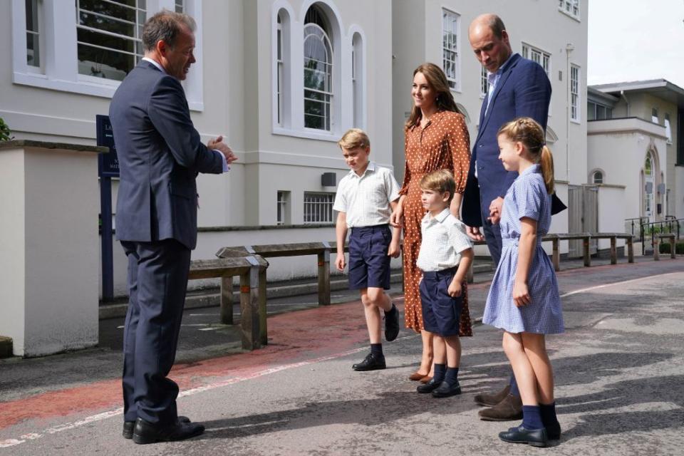 prince william and kate middleton with prince george, princess charlotte and prince louis outside lambrook school