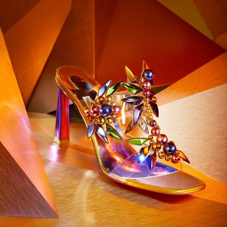 Marvel and Christian Louboutin collection infinity stone shoe closeup