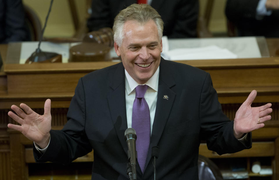 FILE - In this Jan. 10, 2018, file photo, Virginia Gov. Terry McAuliffe addresses a joint session of the the 2018 session in the House chambers at the Capitol in Richmond, Va. The U.S. Supreme Court is set to wade into a long-running battle between developers of a 605-mile natural gas pipeline and environmental groups who oppose the pipeline crossing the storied Appalachian Trail. On Monday, Feb. 24, 2020, the high court will hear arguments on a critical permit needed by developers of the Atlantic Coast Pipeline. (AP Photo/Steve Helber, File)