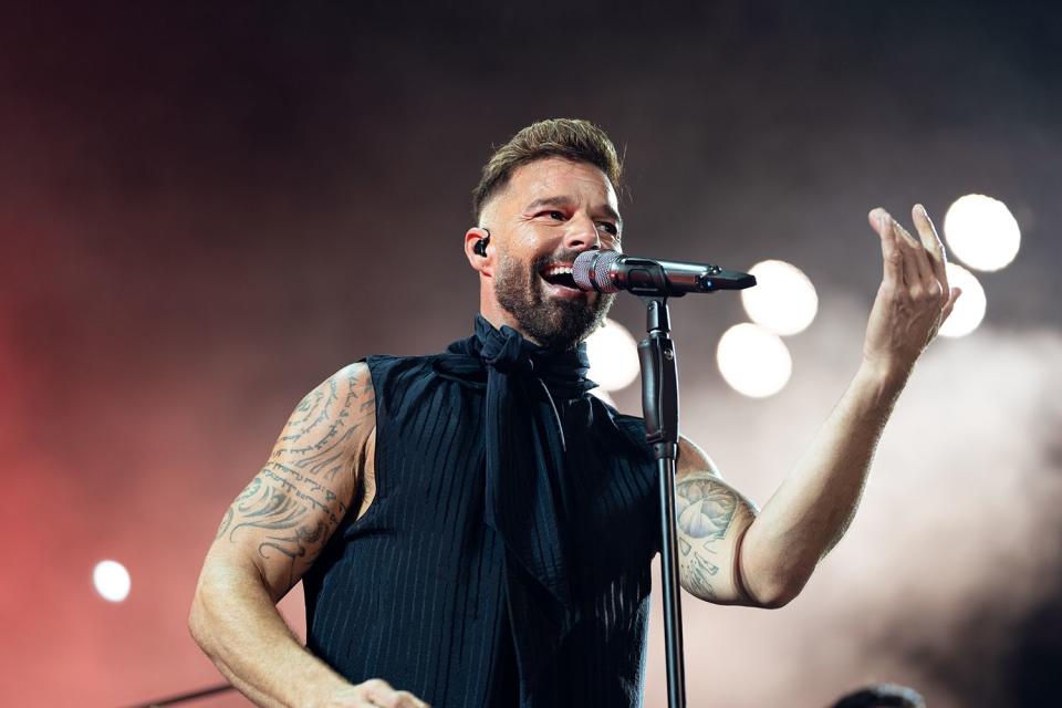 <p>Startlite/Redferns/Getty Images</p> Ricky Martin performing on stage in Malaga, Spain