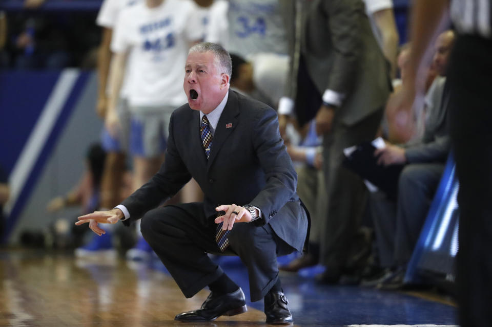 Air Force head coach Dave Pilipovich directs his team against San Diego State in the second half of an NCAA college basketball game Saturday, Feb. 8, 2020, at Air Force Academy, Colo. (AP Photo/David Zalubowski)