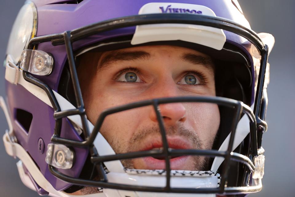 CHICAGO, ILLINOIS - JANUARY 08: Kirk Cousins #8 of the Minnesota Vikings looks on prior to the game against the Chicago Bears at Soldier Field on January 08, 2023 in Chicago, Illinois. (Photo by Michael Reaves/Getty Images)