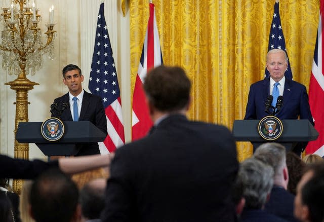 Prime Minister Rishi Sunak and US President Joe Biden take part in a joint press conference in the East Room at the White House