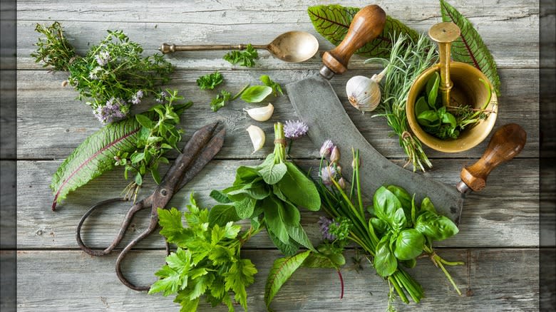 Assorted herbs on a table