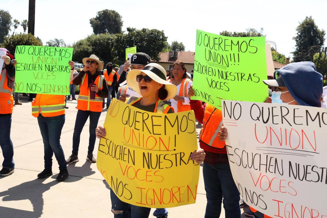 More than 100 workers from Wonderful Nurseries in Wasco demonstrated their discontent outside the Agricultural Labor Relations Board office in Visalia on March 27.