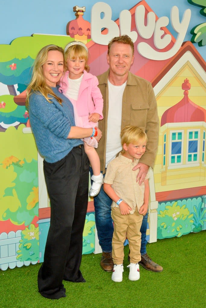 “Bluey” has attracted many celebrity fans, including “Grey’s Anatomy” star Kevin McKidd, here with his wife Danielle Savre and their children at the premiere for the season finale episode “The Sign” in LA. Getty Images