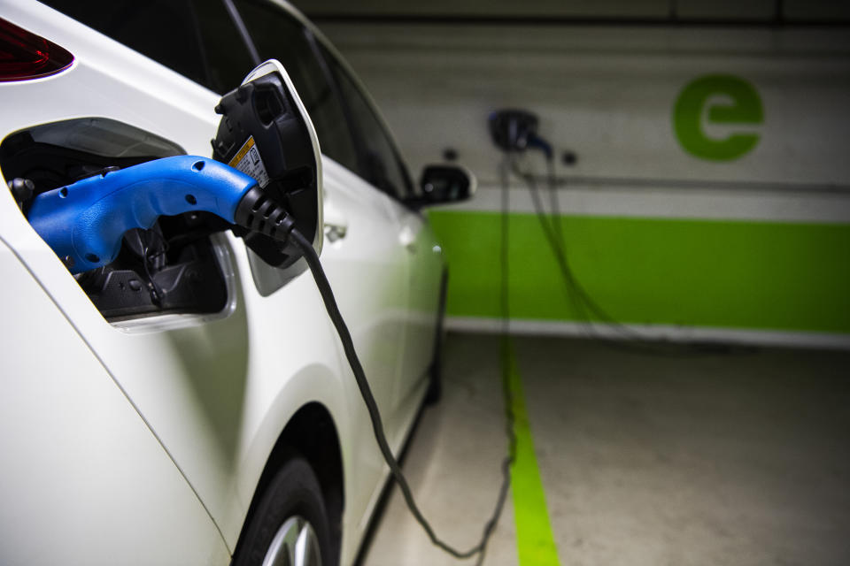 UNITED STATES - MARCH 31: A Toyota Prius is seen connected to a electric vehicle charging station in a Washington, D.C., parking garage on Wednesday, March 31, 2021. (Photo By Tom Williams/CQ-Roll Call, Inc via Getty Images)