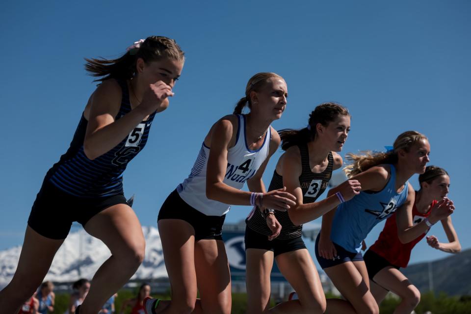 Runners start off in the 6A girls 3,200-meter finals at the Utah high school track and field championships at BYU in Provo on Thursday, May 18, 2023. | Spenser Heaps, Deseret News