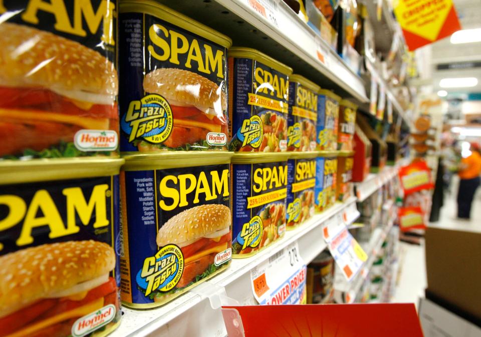 Cans of Spam line the shelves at a store in Berlin, Vt.