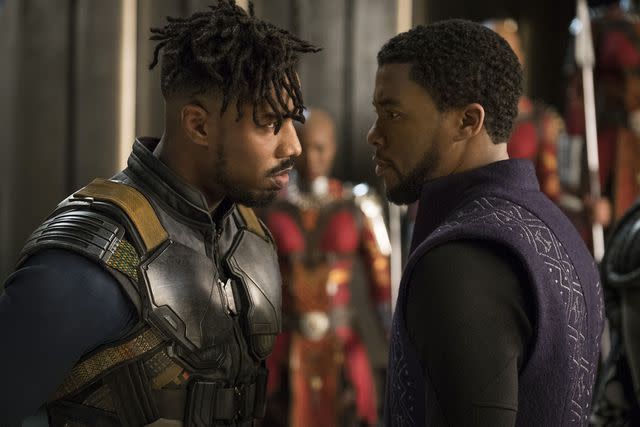 <p>Marvel/Disney/Kobal/Shutterstock</p> Michael B. Jordan and Chadwick Boseman in 'Black Panther'.