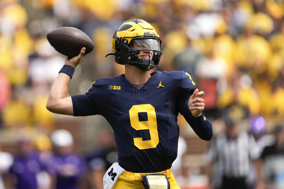 Michigan quarterback J.J. McCarthy throws against East Carolina in the second half of an NCAA college football game in Ann Arbor, Mich., Saturday, Sept. 2, 2023. (AP Photo/Paul Sancya)