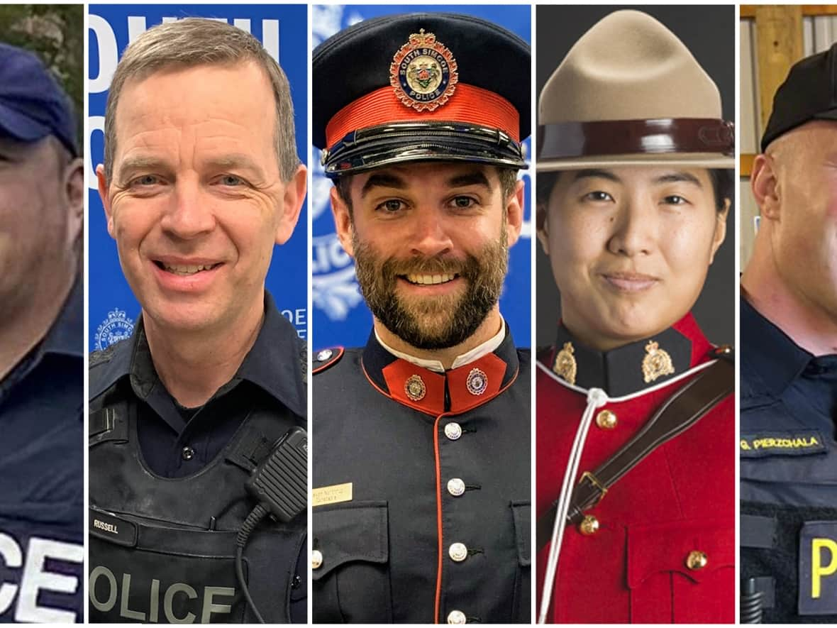 From left to right, Const. Andrew Hong, Const. Morgan Russell, Const. Devon Northrup, Const. Shaelyn Yang, and Const. Grzegorz Pierzchala were all killed this year in the line of duty. (Canadian Press, RCMP and Six Nations of the Grand River - image credit)