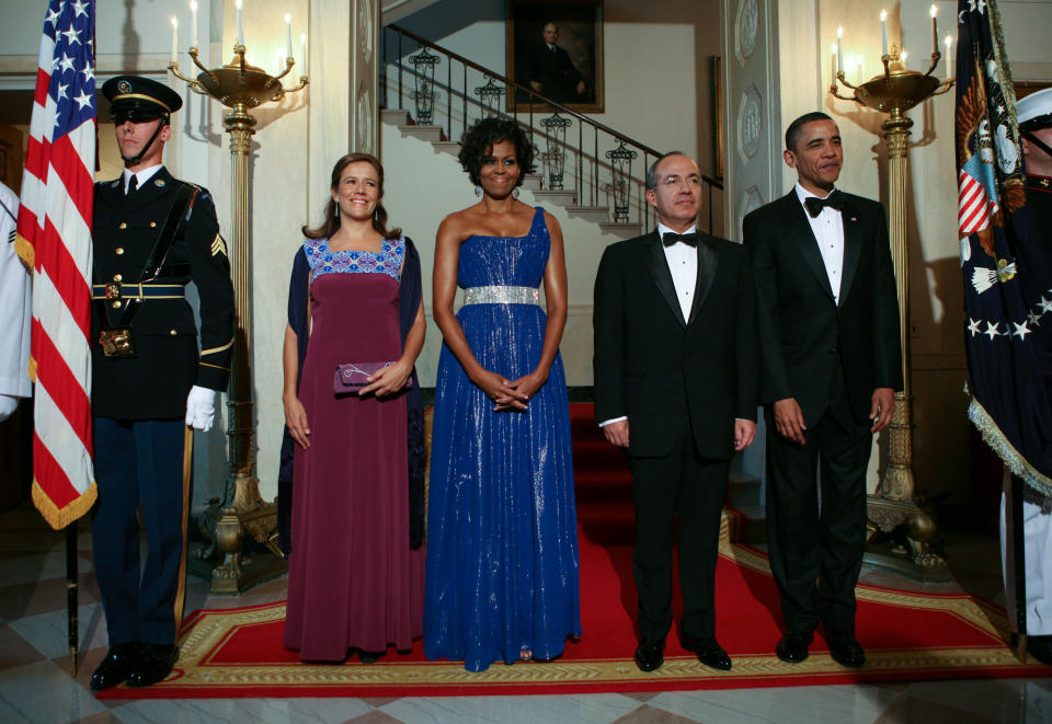 The former first lady&nbsp;opted for this bold blue gown by New York designer Peter Soronen for a state dinner with Mexican President&nbsp;Felipe Calder&oacute;n and his wife, Margarita Zavala, in 2010.