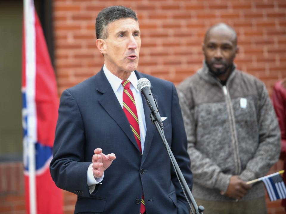 Congressman David Kustoff speaks during the opening of the 'Reflection Garden' at J. Alexander Leech Criminal Justice Complex in Jackson, Tenn., on Wednesday, Jan. 3, 2024.