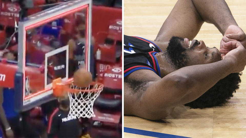 Joel Embiid almost hit a full-court buzzer-beater to send Philadelphia to overtime against the Phoenix Suns, but the shot rattled in and out. Pictures: NBC Sports/NBA/Getty Images