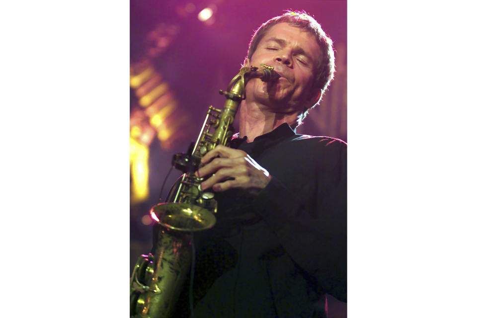 FILE - Saxophone player David Sanborn performs during his concert at the Stravinski hall at the "Colours of Music night" during the 34th Montreux Jazz Festival in Montreux, Switzerland on July 10, 2000. (Laurent Gillieron/Keystone via AP, File)
