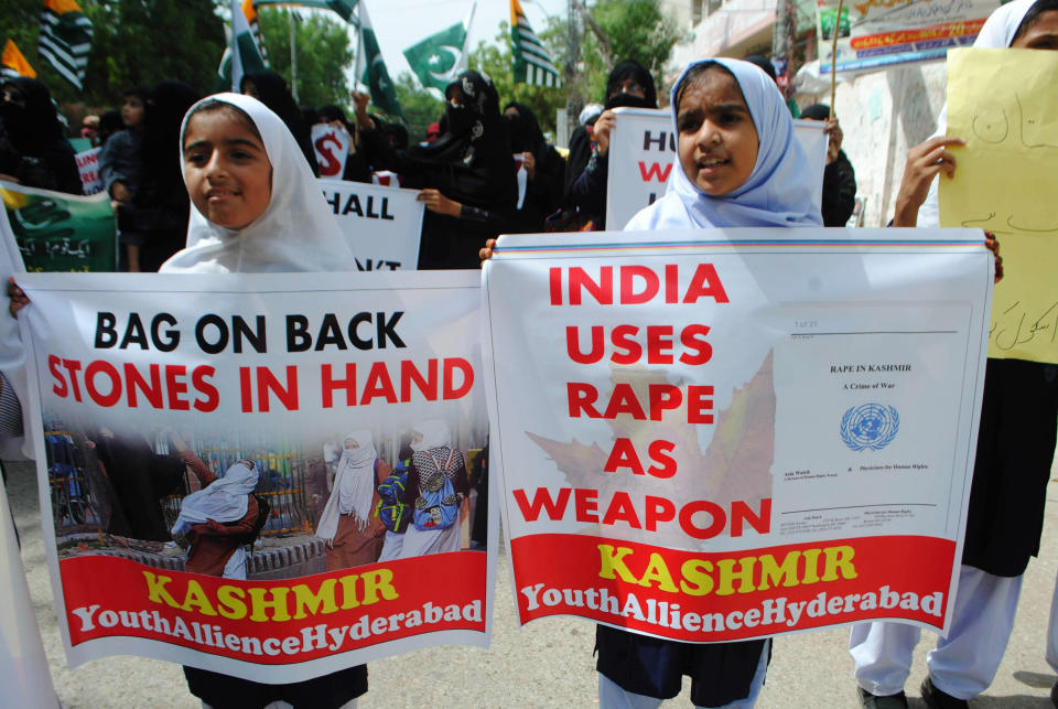 Pakistani students rally to express solidarity with Indian Kashmiris in Hyderabad, Pakistan, Friday, Sept. 13, 2019. The protests and anti-India rallies continued in solidarity with Kashmiri people after the controversial bill was passed by India shrinking the rights of Kashmir people. (AP Photo/Pervez Masih)