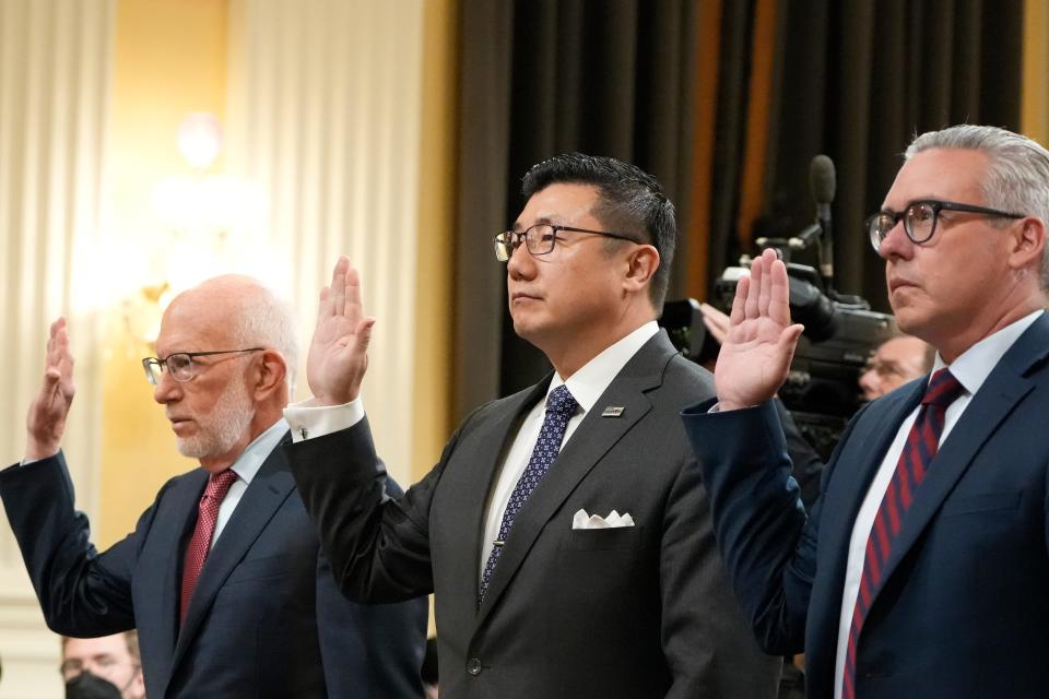 Benjamin Ginsberg, a Republican election lawyer, BJay Pak, a former U.S. attorney in Atlanta, and Al Schmidt, a former city commissioner of Philadelphia, are sworn in before testifyng to the Jan. 6 select committee.