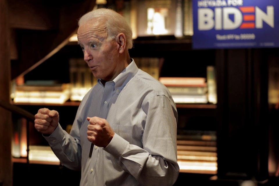 Democratic presidential candidate former Vice President Joe Biden speaks during an interview at the Park MGM, Friday, Feb. 21, 2020, in Las Vegas. (AP Photo/Matt York)