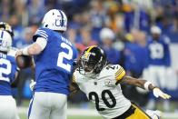 Indianapolis Colts quarterback Matt Ryan (2) is pressured by Pittsburgh Steelers' Cameron Sutton (20) during the first half of an NFL football game, Monday, Nov. 28, 2022, in Indianapolis. (AP Photo/Michael Conroy)