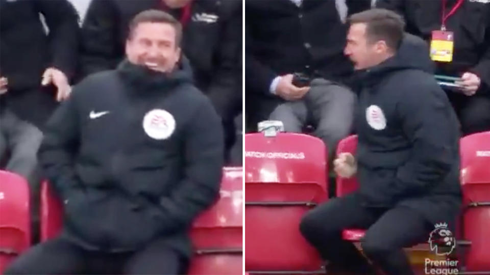 A mystery man wearing a Premier League match official jacket was seen fist-pumping during Liverpool’s win. (Image: Fox Sports)