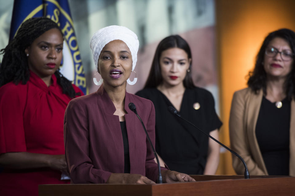 Democratic Reps. Ayanna Pressley (Mass.), Ilhan Omar (Minn.), Alexandria Ocasio-Cortez (N.Y.) and Rashida Tlaib (Mich.) speak after President Trump insulted them in July 2019. (Photo: Tom Williams via Getty Images)