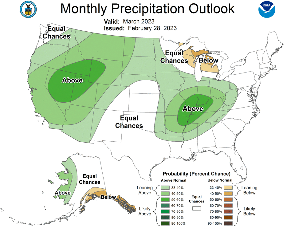 An NOAA outlook map shows above normal chances of precipitation in all of California through March.