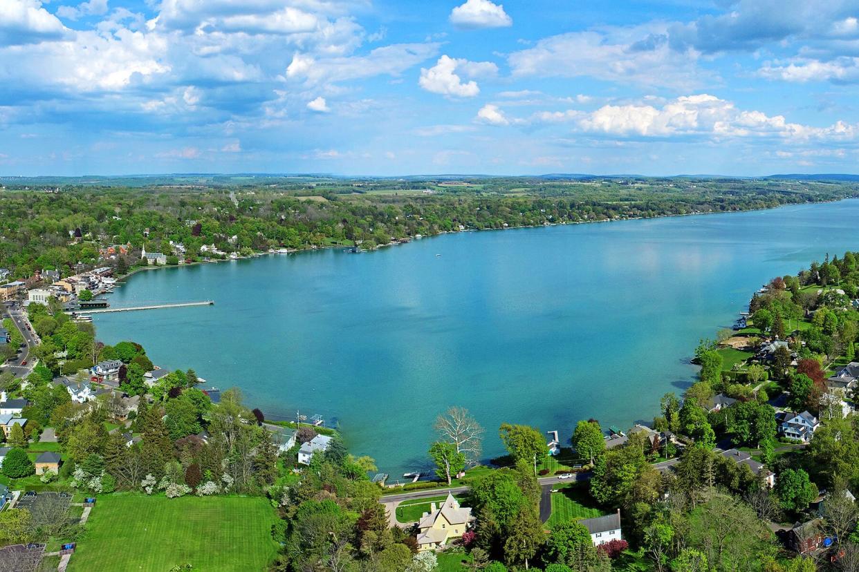 Aerial Panoramic of Skaneateles Lake and Village