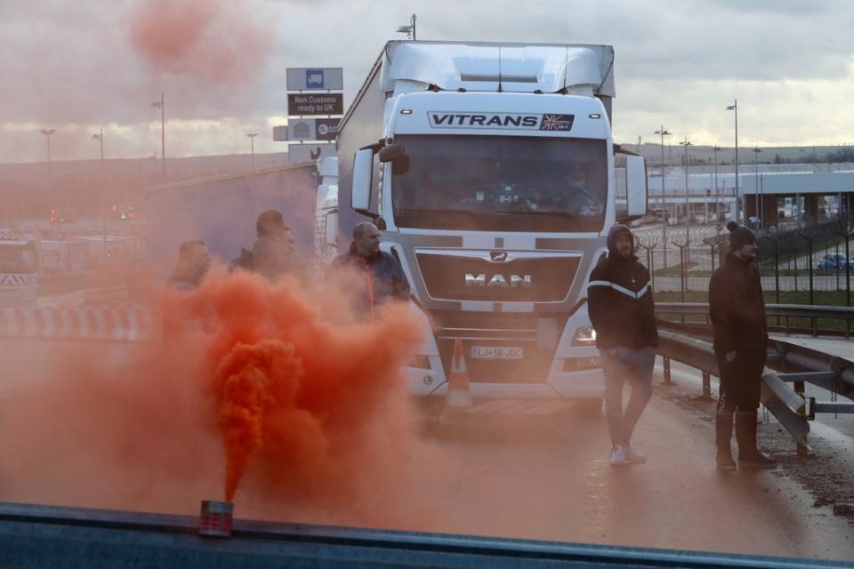 French fishermen block the Eurotunnel Freight Terminal (REUTERS)