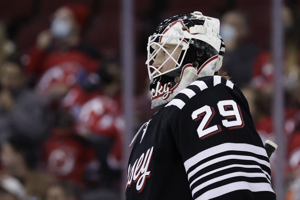 New Jersey Devils goaltender Mackenzie Blackwood reacts against the Arizona Coyotes during the second period of an NHL hockey game Wednesday, Jan. 19, 2022, in Newark, N.J. (AP Photo/Adam Hunger)