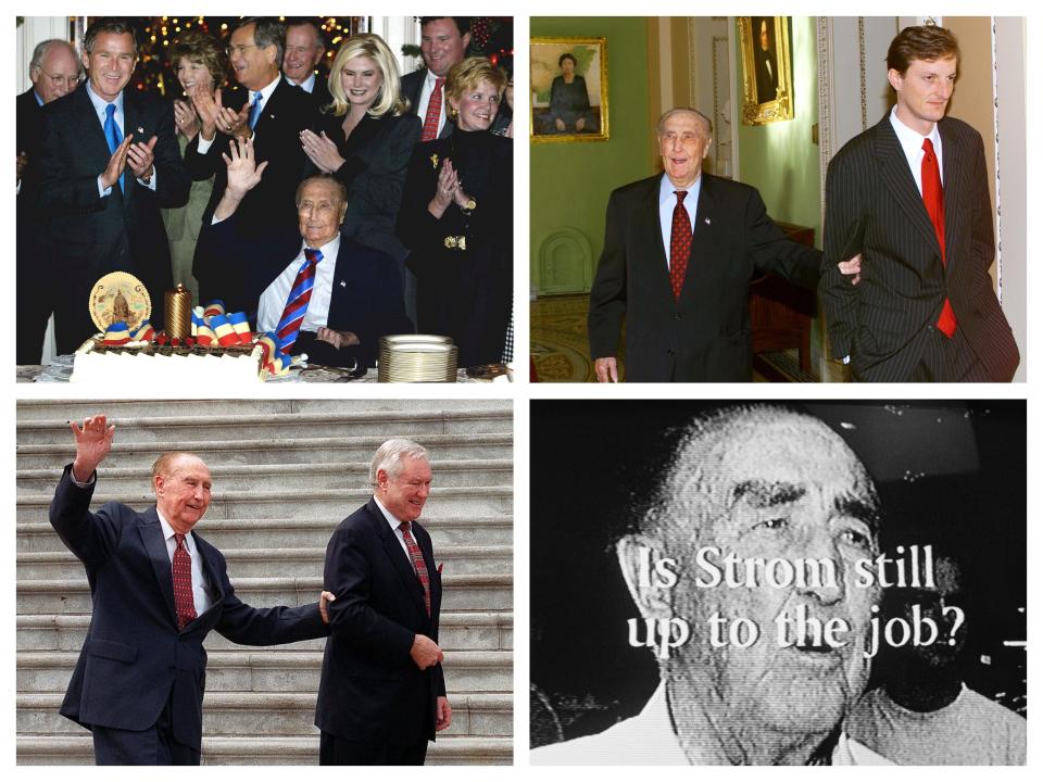 US Vice President Dick Cheney (far left, background), US President George W. Bush (left, foreground), Senate Majority Leader Trent Lott (center, middle ground), and former President George H. W. Bush (right, background) surround Republican Sen. Strom Thurmond of South Carolina during his 100th birthday celebration on Capitol Hill in December 2002; Aide Jason Rossbach (R) leads Republican Sen. Strom Thurmond of South Carolina through the halls outside the Senate chamber in December 2000; An aide (center) leads Republican Sen. Strom Thurmond of South Carolina (L) to a ceremonial bill signing outside the US Capitol in August 2000; Still shot from a 1996 campaign ad targeting Republican Sen. Strom Thurmond of South Carolina.