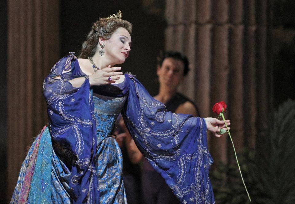 This undated publicity photo provided by the San Francisco Opera shows soprano Patricia Racette as Elena in Act IV during the dress rehearsal of "Mefistofele," in San Francisco. (AP Photo/Copyright San Francisco Opera, Cory Weaver)