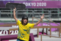 Keegan Palmer of Australia reacts during the men's park skateboarding finals at the 2020 Summer Olympics, Thursday, Aug. 5, 2021, in Tokyo, Japan. (AP Photo/Ben Curtis)