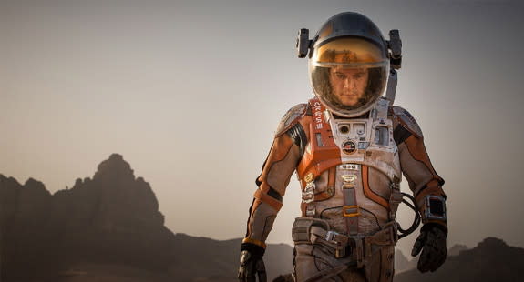 Matt Damon outfitted in his Mars surface spacesuit in the sci-fi film ”The Martian," which hits theaters on Oct. 2, 2015.